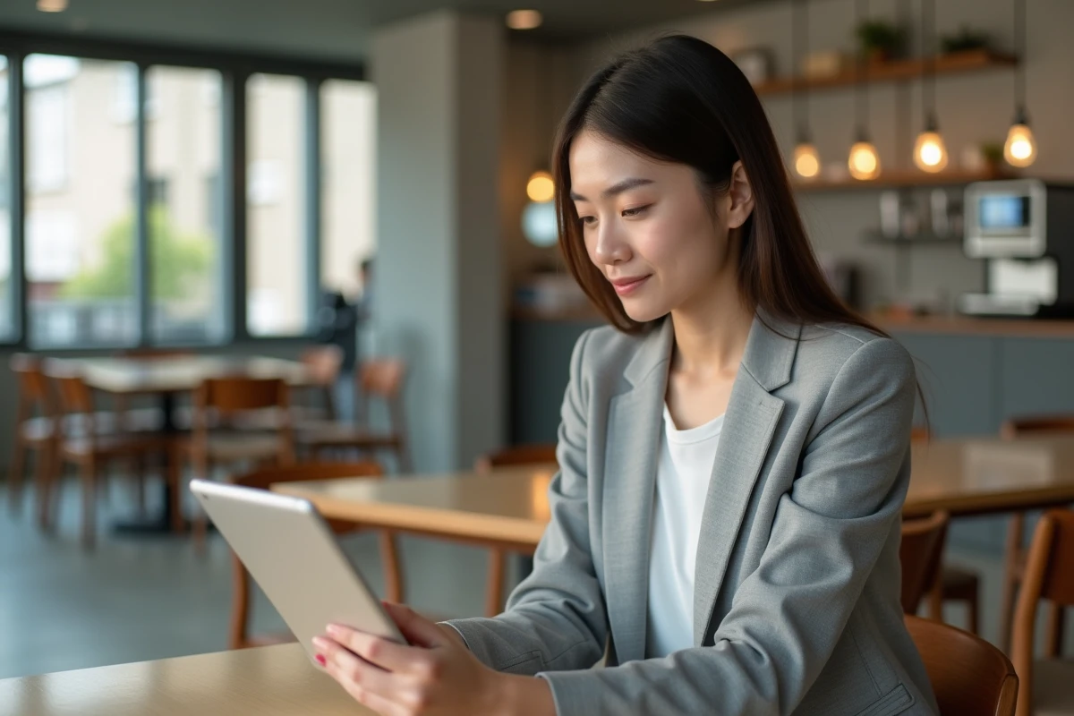 Agente parisienne accédant à son espace Intraparis sur tablette numérique dans une salle de pause professionnelle