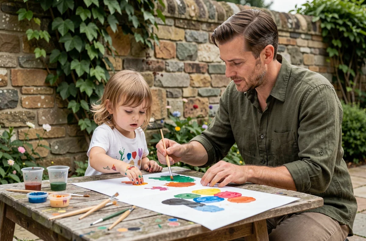 Père guidant sa fille dans une activité de peinture aquarelle en plein air sur une terrasse de jardin en pierre