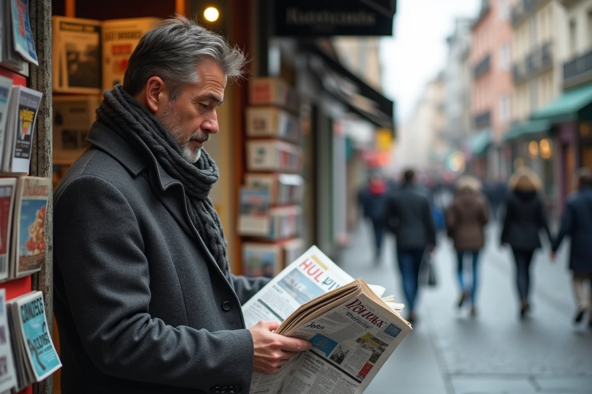 Homme d'âge mûr consultant des journaux et magazines à un kiosque en plein air dans une rue animée de la ville