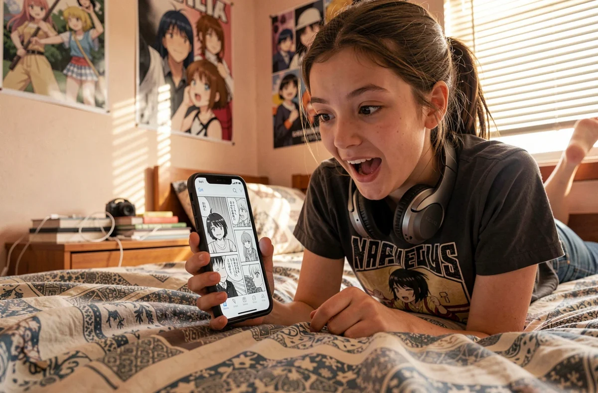 Adolescente allongée sur son lit lisant des mangas en ligne sur smartphone avec une expression surprise, symbolisant l'expérience de lecture immersive sur Crunchyscan