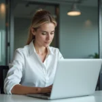 Agente municipale connectée à son espace personnel Intraparis sur un ordinateur portable dans un bureau administratif moderne