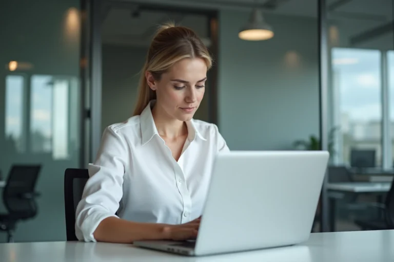 Agente municipale connectée à son espace personnel Intraparis sur un ordinateur portable dans un bureau administratif moderne