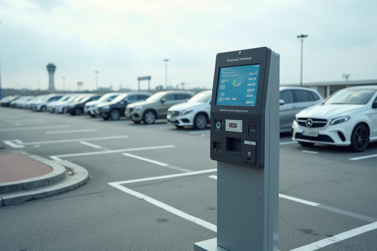 Borne de paiement de parking à l'aéroport d'Orly avec options tarifaires affichées, entourée de places de stationnement