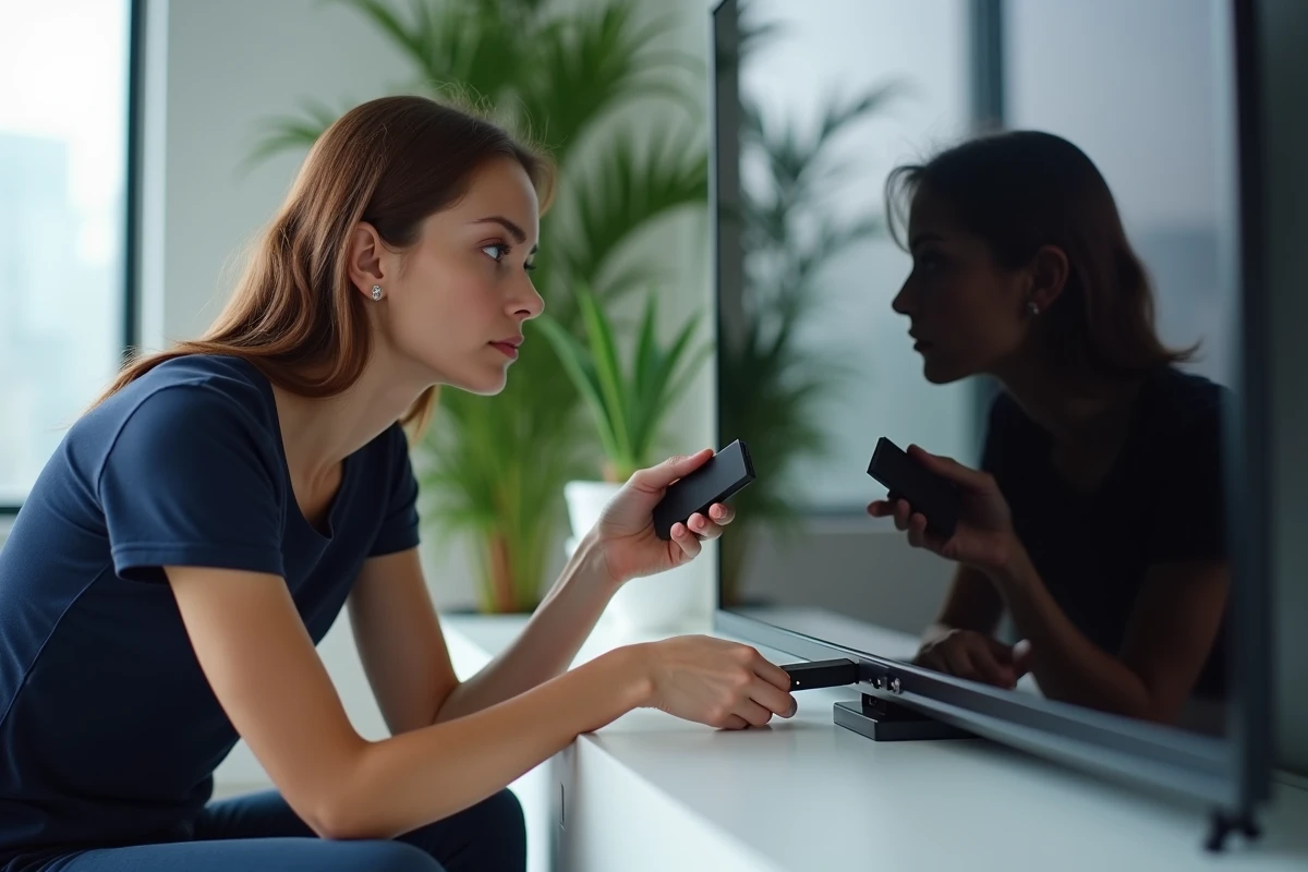 Femme branchant un Mi TV Stick sur le port HDMI d'un téléviseur moderne dans un appartement minimaliste