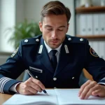 Candidat gendarmerie en uniforme étudiant les dossiers de recrutement pour le concours sous-officier ou GAV