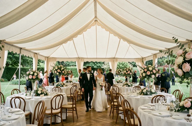 Chapiteau de mariage élégant dans un jardin parisien avec décoration florale et parquet en bois