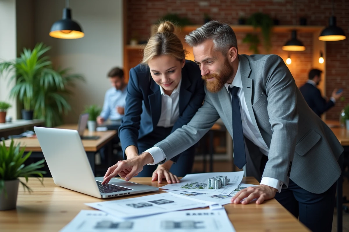 Deux collègues collaborant sur des outils digitaux d'optimisation d'investissement immobilier dans un espace de coworking
