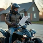 Conducteur de quad homologué MAGA avec documents officiels devant une préfecture française en automne