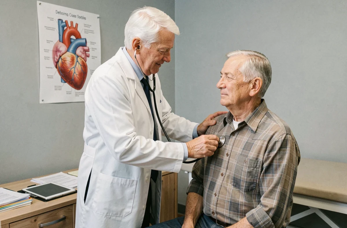 Médecin senior utilisant un stéthoscope lors d'une consultation cardiologique avec un patient de 70 ans, illustrant le suivi médical du rythme cardiaque chez la personne âgée