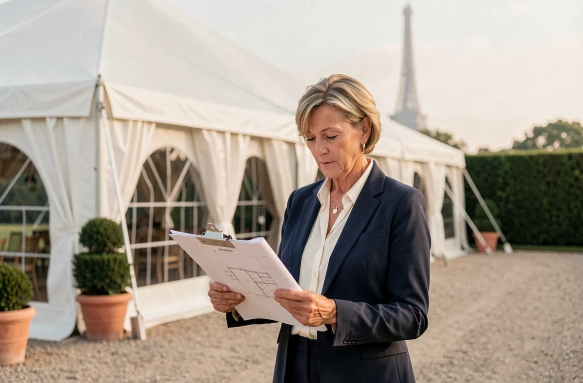 Coordinatrice de mariage étudiant les plans d'un chapiteau avec la Tour Eiffel en arrière-plan