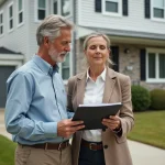 Couple regardant documents devant maison en foreclosure