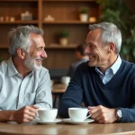 Deux hommes souriants partageant un moment complice autour d'un café dans un bistrot parisien chaleureux