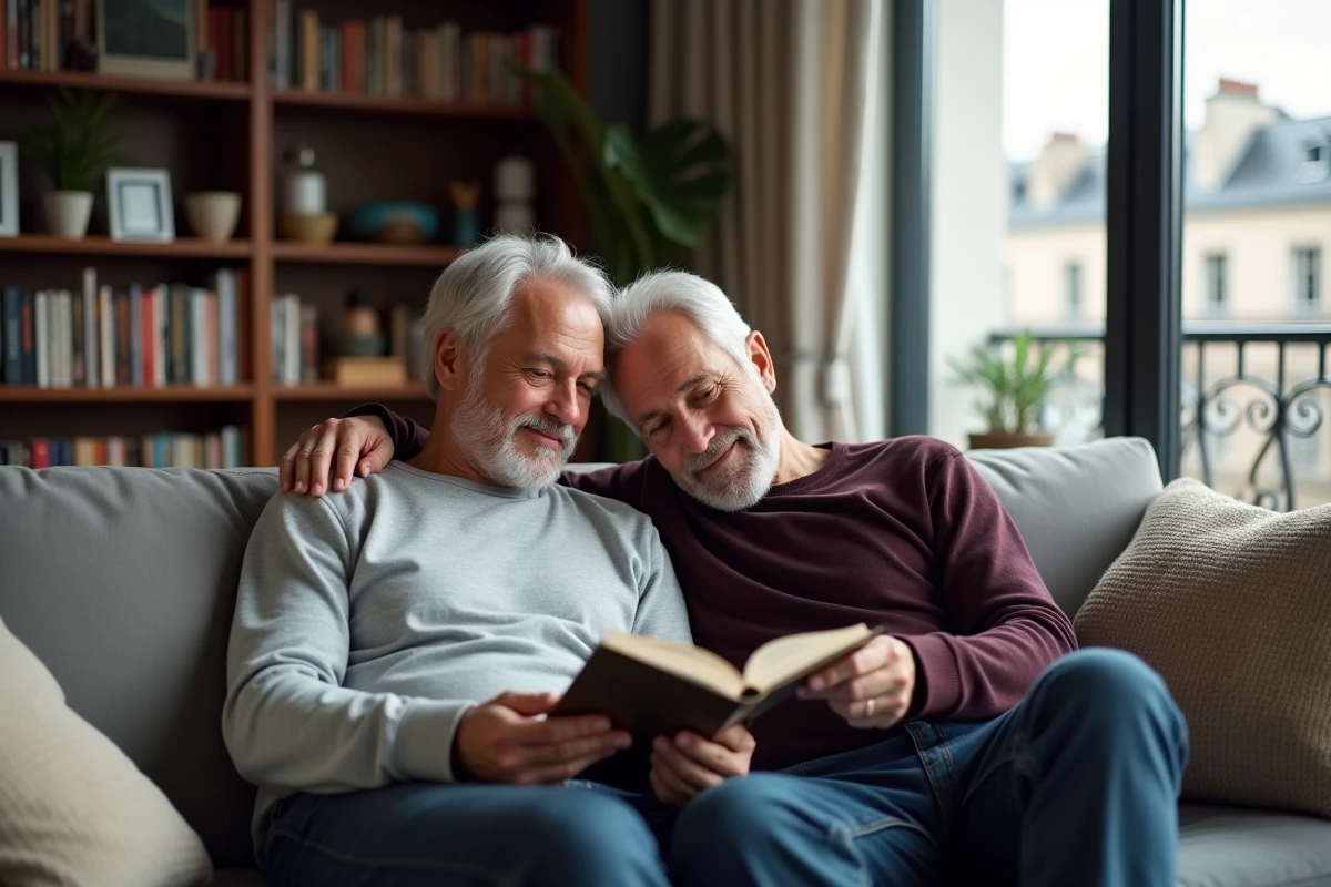 Deux hommes détendus dans un appartement parisien moderne, feuilletant un livre ensemble dans une atmosphère intime et chaleureuse