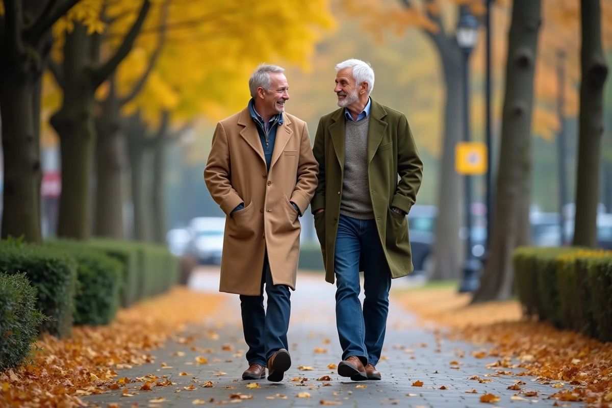 Deux hommes en promenade dans un parc automnal parisien, partageant une conversation détendue parmi les feuilles dorées