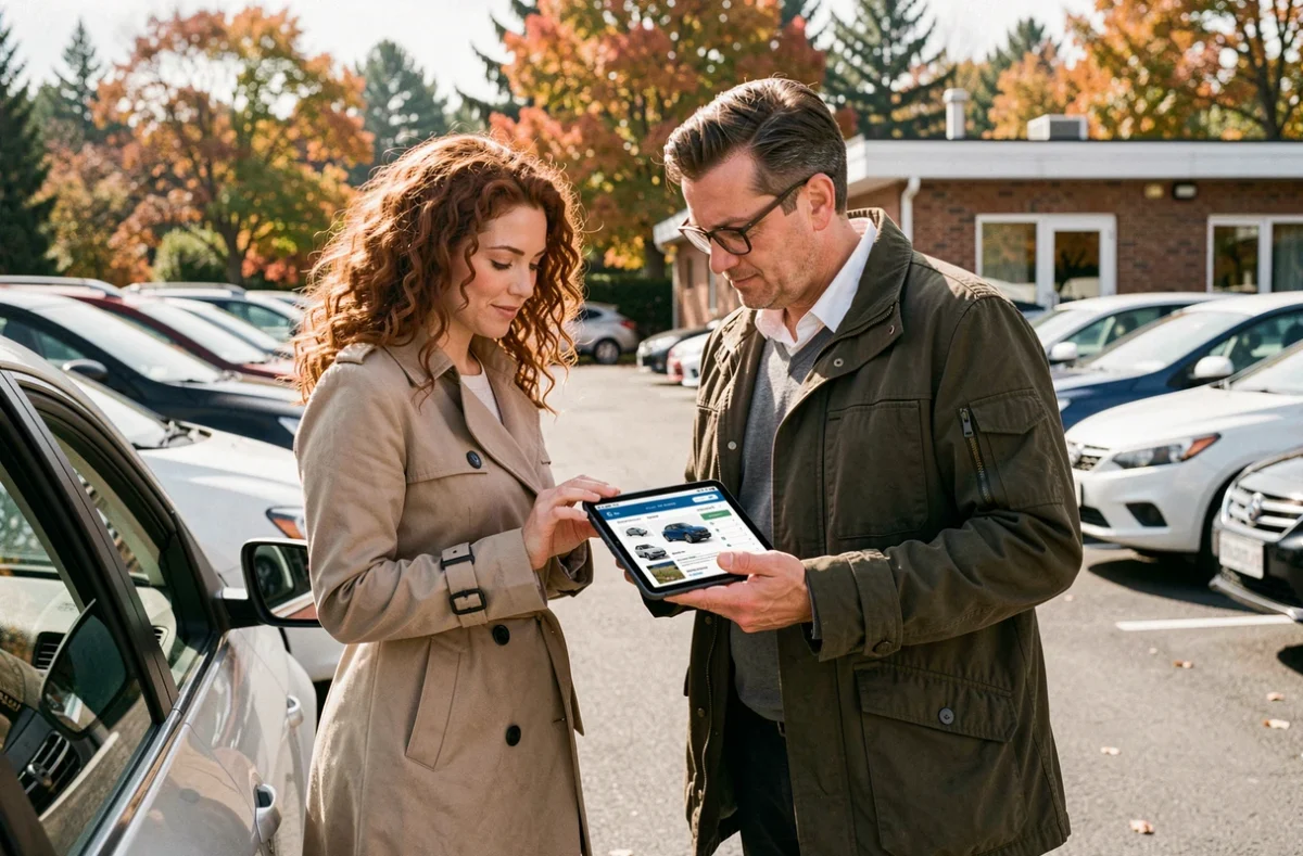 Couple cherchant la voiture idéale sur une tablette dans un parking de véhicules d'occasion