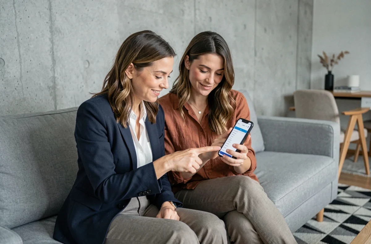 Deux femmes explorant ensemble le plan de navigation d'un site de mode sur smartphone dans un salon moderne