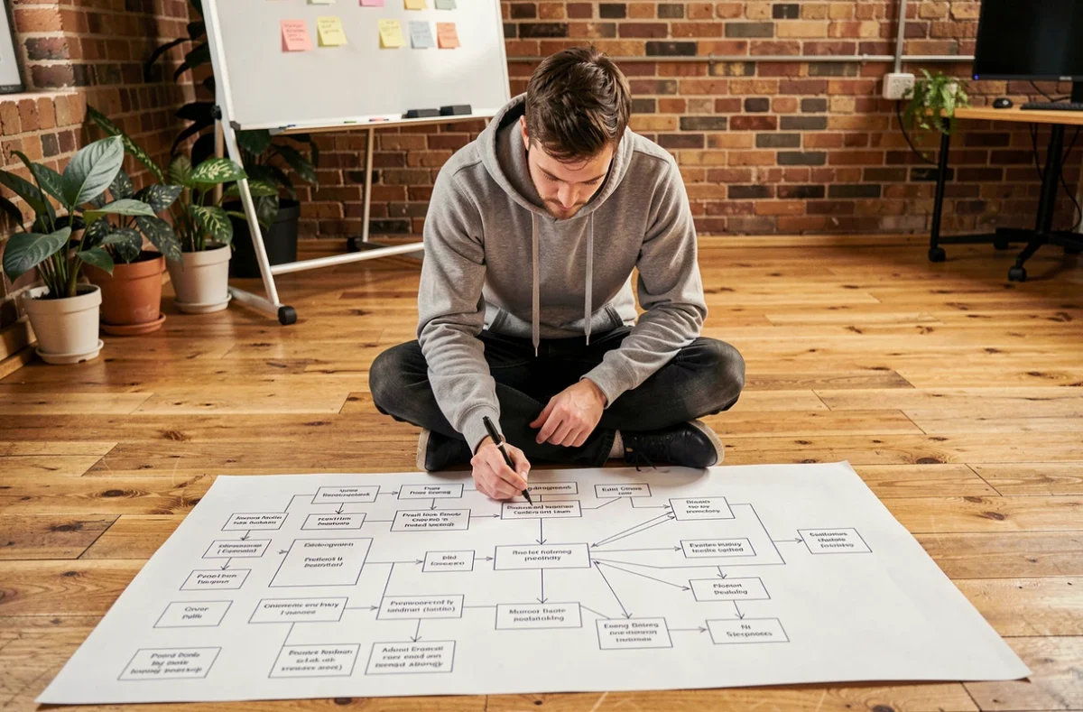 Développeur web annotant un plan de sitemap imprimé sur le sol d'un studio créatif