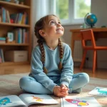 Petite fille rêveuse assise sur le sol entourée de livres et de dessins, imaginant son avenir