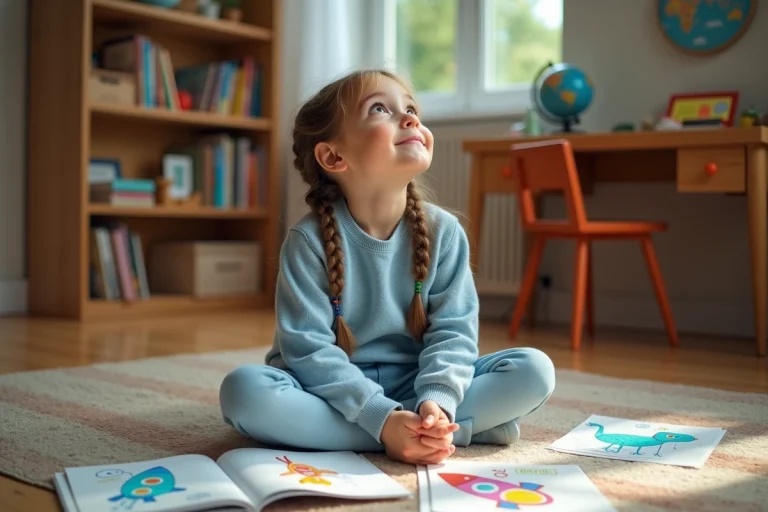 Petite fille rêveuse assise sur le sol entourée de livres et de dessins, imaginant son avenir