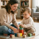 Mère accompagnant son jeune enfant dans un jeu d'éveil avec des cubes en bois colorés sur un parquet dans un salon scandinave