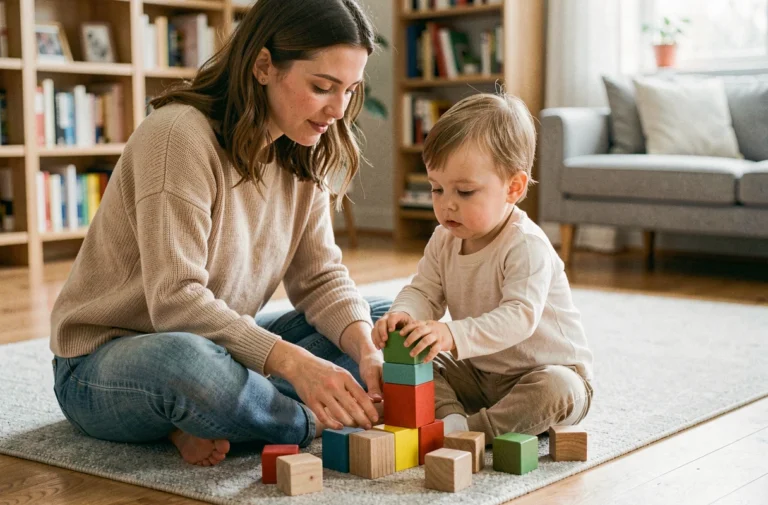 Mère accompagnant son jeune enfant dans un jeu d'éveil avec des cubes en bois colorés sur un parquet dans un salon scandinave