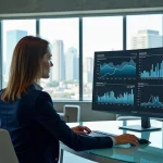 Femme professionnelle analysant des données d'investissement immobilier sur un écran numérique dans un bureau moderne