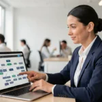 Femme professionnelle analysant la structure d'un sitemap sur un ordinateur portable dans un bureau moderne