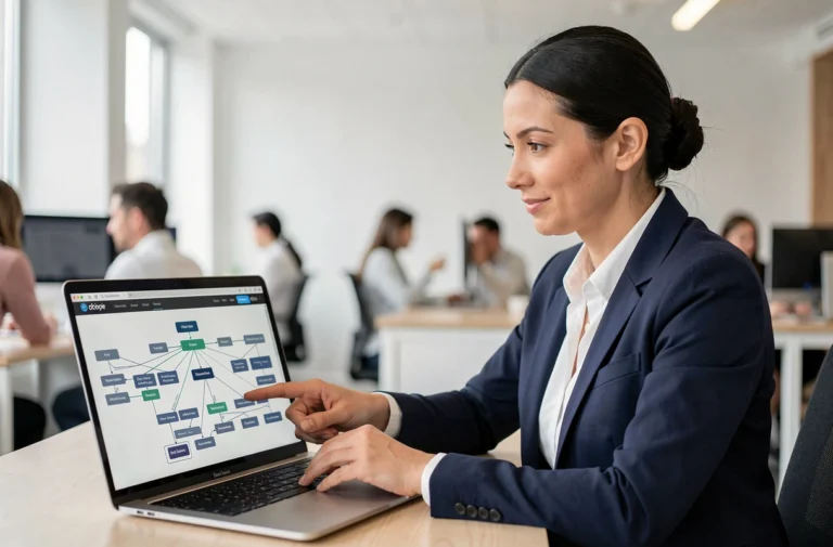 Femme professionnelle analysant la structure d'un sitemap sur un ordinateur portable dans un bureau moderne
