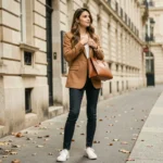 Jeune femme élégante portant un blazer camel et un sac en cuir structuré dans une rue parisienne en automne