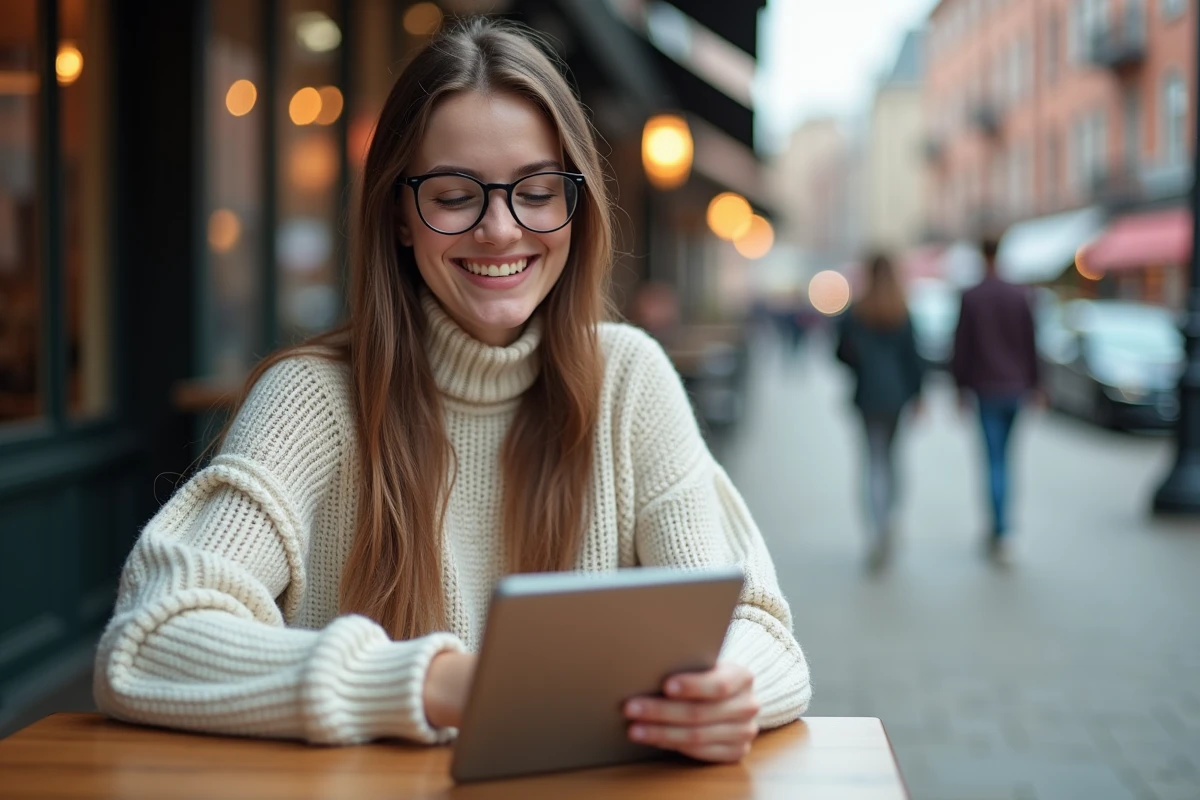 Jeune femme souriante avec tablette dans un café urbain