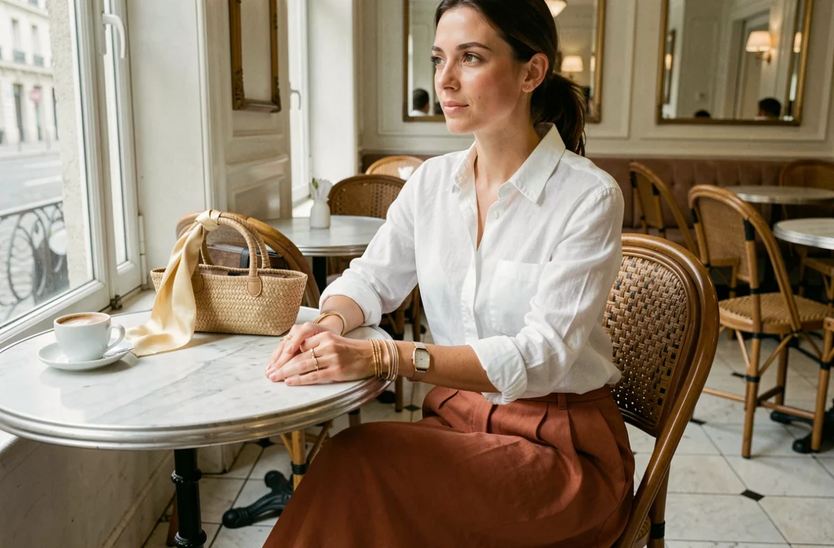 Femme chic attablée dans un café parisien avec des bracelets dorés, un foulard en soie et un sac en osier tendance