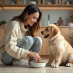 Femme souriante donnant des croquettes à un chiot dans la cuisine