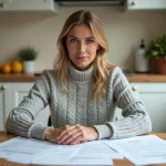 Femme consultant des documents administratifs CAF sur une table de cuisine en bois