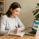 Femme en télétravail suivant une formation professionnelle en ligne sur son ordinateur portable avec prise de notes