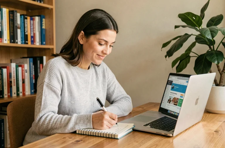 Femme en télétravail suivant une formation professionnelle en ligne sur son ordinateur portable avec prise de notes