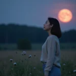Jeune femme dans un pré sous la lune rose