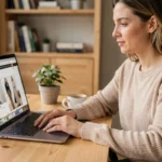 Femme naviguant sur le plan du site d'une boutique de mode en ligne depuis un bureau en bois