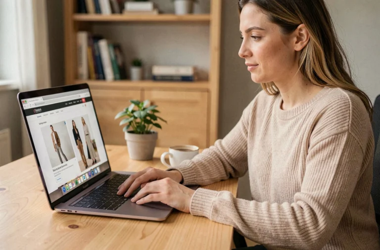 Femme naviguant sur le plan du site d'une boutique de mode en ligne depuis un bureau en bois