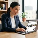 Femme consultant une plateforme spécialisée de recherche de voiture sur son ordinateur portable dans un bureau à domicile moderne