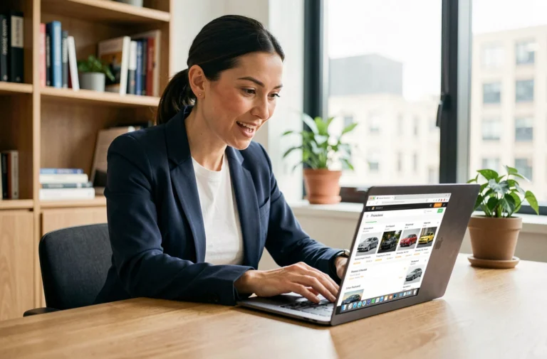 Femme consultant une plateforme spécialisée de recherche de voiture sur son ordinateur portable dans un bureau à domicile moderne