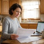 Femme consultant des documents financiers à la table de cuisine pour regrouper ses crédits et alléger son budget