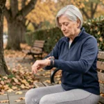 Femme de 70 ans assise dans un parc en automne, consultant son moniteur de fréquence cardiaque au poignet, illustrant la surveillance du rythme cardiaque chez les seniors