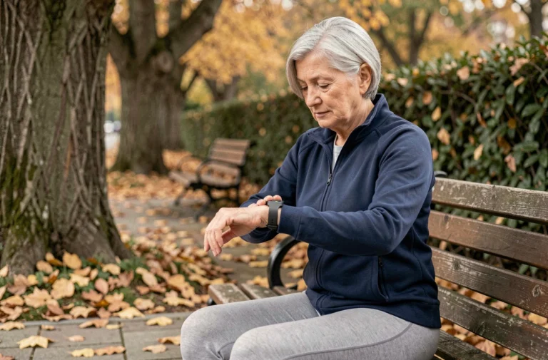 Femme de 70 ans assise dans un parc en automne, consultant son moniteur de fréquence cardiaque au poignet, illustrant la surveillance du rythme cardiaque chez les seniors