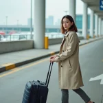 Femme avec valise à l'entrée d'un parking extérieur d'aéroport, illustrant les conseils pour réduire le prix du stationnement à Orly