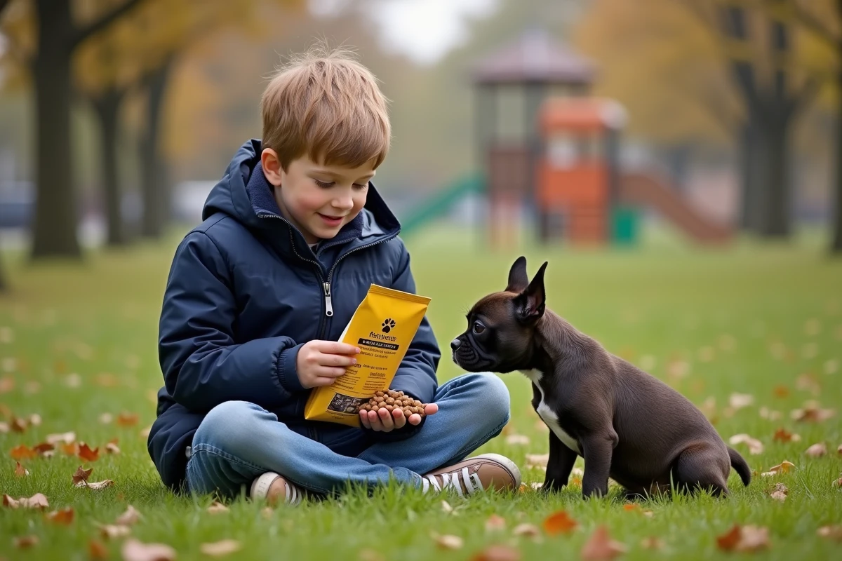 Garçon lisant la liste d ingrédients avec son chiot dans le parc