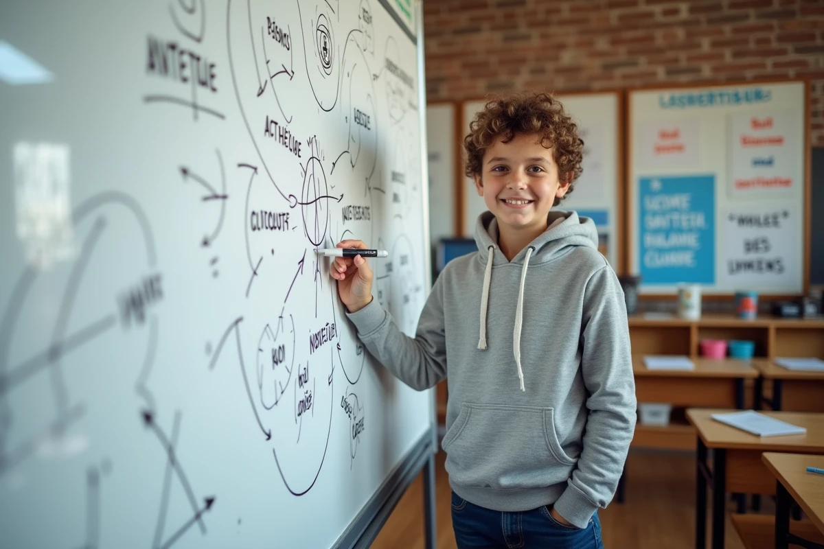 Garçon souriant devant un tableau blanc avec des dessins de métiers, explorant ses rêves professionnels