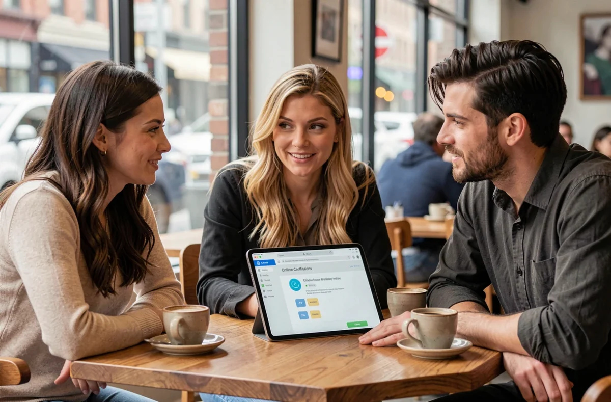 Groupe de professionnels discutant d'une formation certifiante en ligne autour d'une tablette dans un café moderne