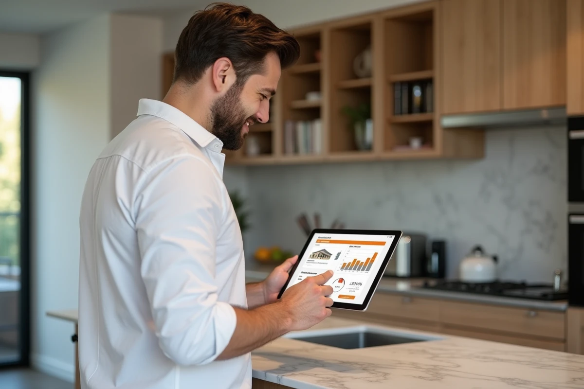 Homme consultant une application de gestion de portefeuille immobilier sur tablette dans un intérieur moderne
