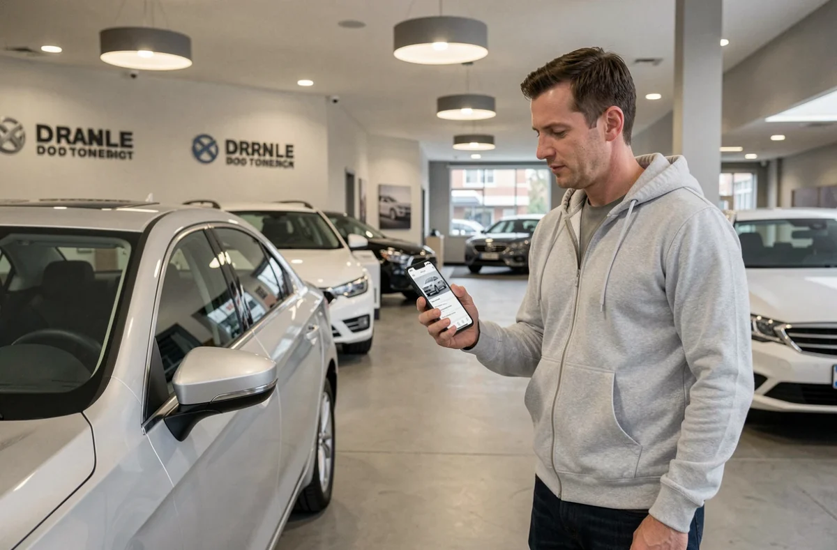 Homme comparant des voitures sur smartphone dans une concession automobile grâce à une application spécialisée
