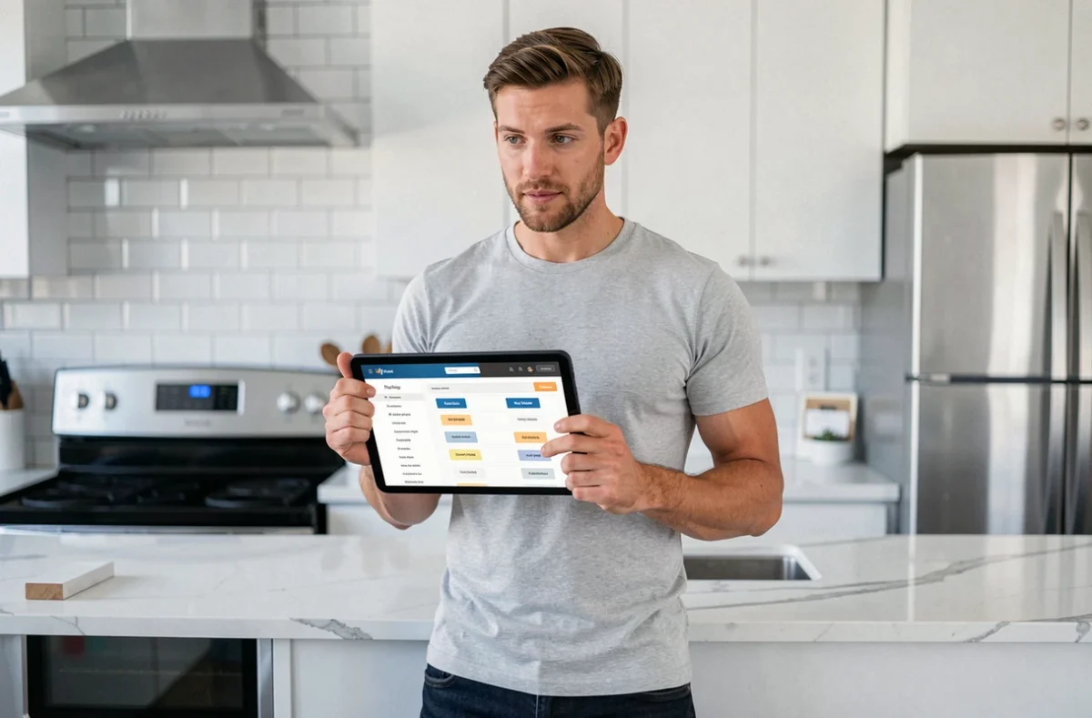 Homme consultant le plan du site d'une boutique de mode sur une tablette dans une cuisine moderne